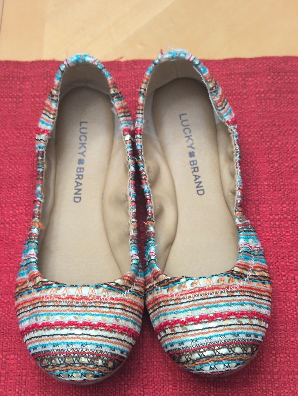 Lucky Brand Emmie Women’s Multicolor Striped Woven Ballet Flats with Sequins